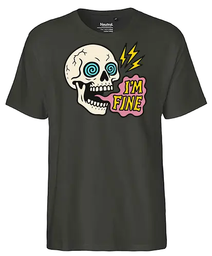 skull i'm fine - skull, cartoon, humor, text, lightning, pop art, design, expression, colorful, digital art - Fairtrade T-Shirt