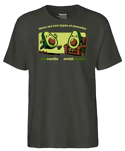 Avocado Tired Exercise - Exercise, avocado, food, run, fun, funny, happy, adorable, pun, vegan, guacamole, cardio, tired, lazy - Fairtrade T-Shirt