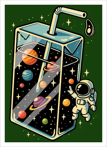Weltraumsaft - Astronaut, Saft, Sommer, lustig, Essen, Weltraum, Universum, Kosmos, Astronomie, trippig, abstrakt, ästhetisch, Illustration, Planeten, Mond, cool, lm2kone - Kunstdruck