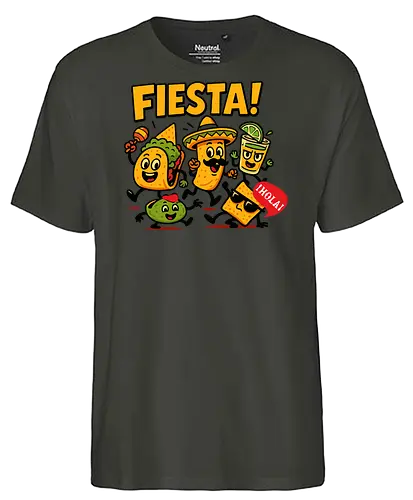Fiesta - fiesta, mexican food, taco, guacamole, burrito, sombrero, cheerful, dancing, cartoon, celebration - Fairtrade T-Shirt
