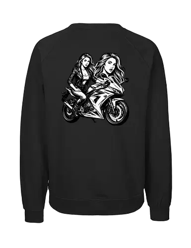 Drehmomenta - Motorrad, Frau, Lederjacke, Streetwear, Schwarz-Weiß, Illustration, Grafik, Freisteller, urban, edgy, modern, cool, Power, Style, Rebel, Riding, Motorradfahrer, Fashionprint, Hoodie, Kunst, Design, minimalistisch, selbstbewusst, stark, Motorradkunst, Charakter, Pose, Linienzeichnung, Grafikstil - Fairtrade Sweatshirt