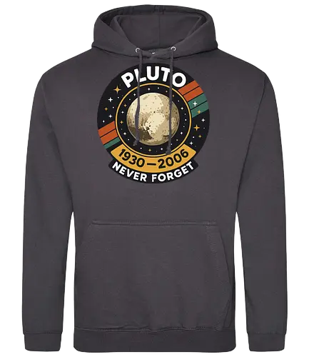 pluto never forget - pluto, retro, badge, space, stars, nostalgia, 1930-2006, planet, stripes, vintage - Standard Hoodie