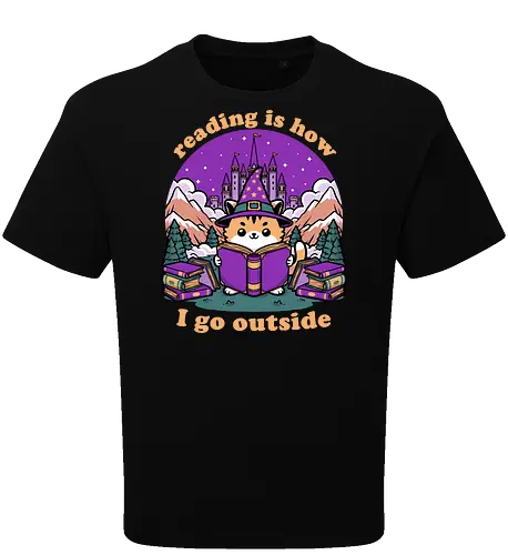 Magical Journey Cat - Geek, Inside, Castle, Read, Reading, Cat, Pet, Magic, Magical, Book, Books, Bookworm, Book Club, library, Fantasy, Adventure, Nerd - Oversize T-Shirt