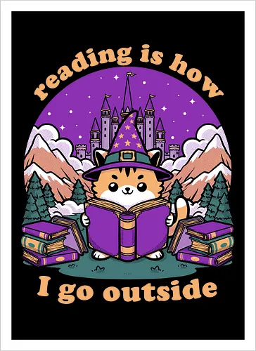 Magical Journey Cat - Geek, Inside, Castle, Read, Reading, Cat, Pet, Magic, Magical, Book, Books, Bookworm, Book Club, library, Fantasy, Adventure, Nerd - Kunstdruck