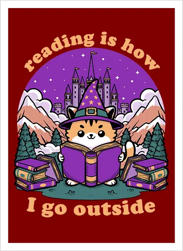Magical Journey Cat - Geek, Inside, Castle, Read, Reading, Cat, Pet, Magic, Magical, Book, Books, Bookworm, Book Club, library, Fantasy, Adventure, Nerd - Kunstdruck