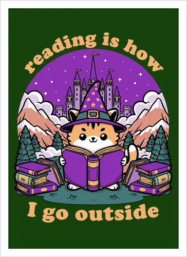 Magical Journey Cat - Geek, Inside, Castle, Read, Reading, Cat, Pet, Magic, Magical, Book, Books, Bookworm, Book Club, library, Fantasy, Adventure, Nerd - Kunstdruck
