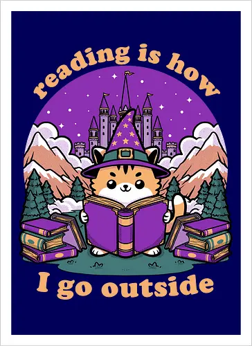 Magical Journey Cat - Geek, Inside, Castle, Read, Reading, Cat, Pet, Magic, Magical, Book, Books, Bookworm, Book Club, library, Fantasy, Adventure, Nerd - Kunstdruck