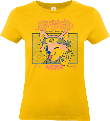 Stay OK Fox - kitsune, kawaii, anime fox, Japanese design, manga style, ninja fox, everything’s fine, Japanese text, halftone pattern, otaku, cute animal, Japan pop culture, chibi fox, zen vibes, cartoon character - Standard T-Shirt (Frauen)