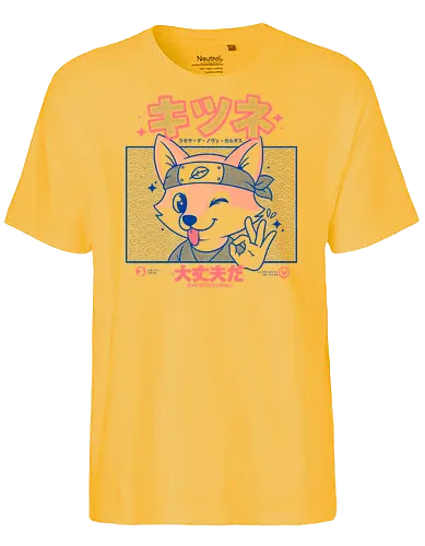 Stay OK Fox - kitsune, kawaii, anime fox, Japanese design, manga style, ninja fox, everything’s fine, Japanese text, halftone pattern, otaku, cute animal, Japan pop culture, chibi fox, zen vibes, cartoon character - Fairtrade T-Shirt