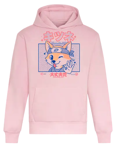 Stay OK Fox - kitsune, kawaii, anime fox, Japanese design, manga style, ninja fox, everything’s fine, Japanese text, halftone pattern, otaku, cute animal, Japan pop culture, chibi fox, zen vibes, cartoon character - Heavyweight Hoodie