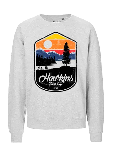 Hawkins Bike Trip - Hawkins, Strange, 1983, retro sunset, bike trip, kids on bikes, 80s nostalgia, adventure patch, pine trees, vintage aesthetic, sci-fi mystery, outdoor vibes, retro badge, synthwave style - Fairtrade Sweatshirt
