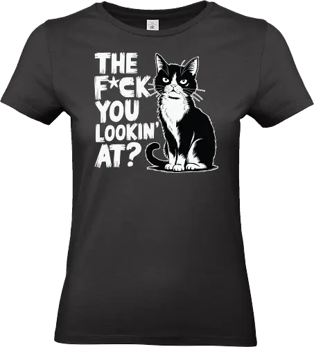 THE F*CK YOU LOOKIN' AT? - cat, grumpy, humor, text, typography, black and white, attitude, expression, graphic design - Standard T-Shirt (Frauen)