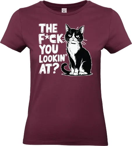 THE F*CK YOU LOOKIN' AT? - cat, grumpy, humor, text, typography, black and white, attitude, expression, graphic design - Standard T-Shirt (Frauen)