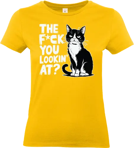 THE F*CK YOU LOOKIN' AT? - cat, grumpy, humor, text, typography, black and white, attitude, expression, graphic design - Standard T-Shirt (Frauen)