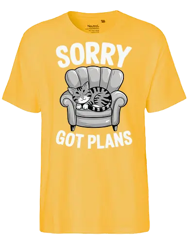 Sorry, Got Plans - cat, armchair, text, humorous, lounging, relaxed, playful, cute - Fairtrade T-Shirt