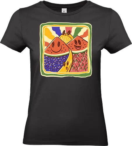fresh fruits concerts - kawaii, fruits, mountain, kids drawing, kids, love, colorful, rainbow, watermelon, banana, orange, dragonfruit, grape, landscape, funny, cute - Standard T-Shirt (Frauen)