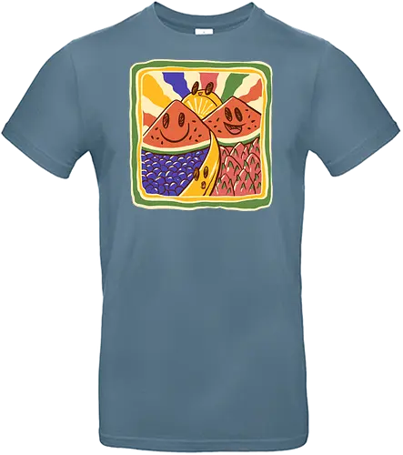 fresh fruits concerts - kawaii, fruits, mountain, kids drawing, kids, love, colorful, rainbow, watermelon, banana, orange, dragonfruit, grape, landscape, funny, cute - Standard T-Shirt