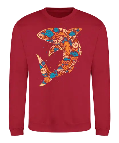 Tropical Shark Mosaic - shark, beach vibes, fish, marine life, ocean lover, aquatic, shell, summer, tribal, tropical, wildlife, polynesian, hawaii - Sweatshirt