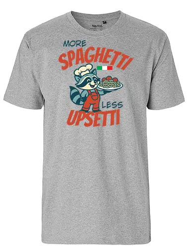 More spaghetti, less upsetti - raccoon, chef, spaghetti, humor, italian flag, cartoon, playful, food, text, red overalls - Fairtrade T-Shirt