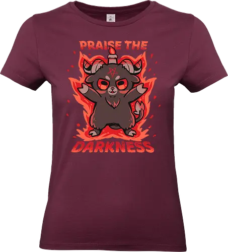 Praise the Darkness - lustiger Dämon, Ziege, böse Ziege, Flammen, Feuer, Baphomet, niedlicher Baphomet, kawaii goth, okkulte Ästhetik, dunkler Humor, gothic chibi, hexenhaft, alternativ, pastell goth, satanisch aber niedlich - Standard T-Shirt (Frauen)