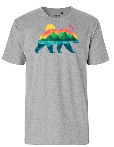 Mountain Bear - travel, outdoors, camping, adventure, bear, bird, eagle, explore, geometric, hiking, lake, minimal, minimalist, mountain, nature - Fairtrade T-Shirt