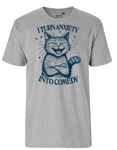 Anxiety to Comedy - anxiety, anxious, overthink, overthinking, comedy, mental health matters, retro, cat, self care, awareness - Fairtrade T-Shirt