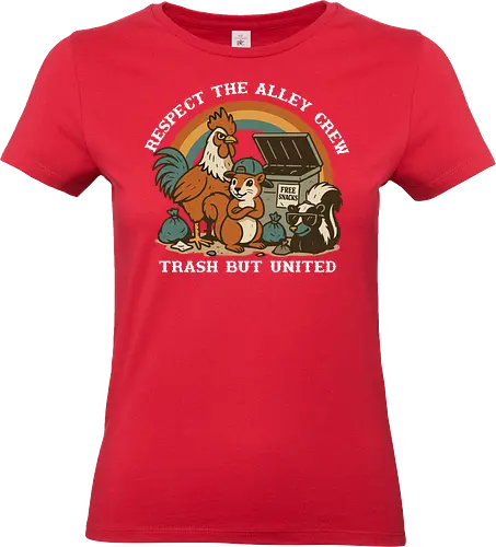 Respect The Alley Crew - animals, rooster, squirrel, skunk, dumpster, snacks, humor, camaraderie, unity, alley - Standard T-Shirt (Frauen)