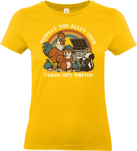 Respect The Alley Crew - animals, rooster, squirrel, skunk, dumpster, snacks, humor, camaraderie, unity, alley - Standard T-Shirt (Frauen)