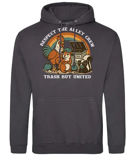 Respect The Alley Crew - animals, rooster, squirrel, skunk, dumpster, snacks, humor, camaraderie, unity, alley - Standard Hoodie
