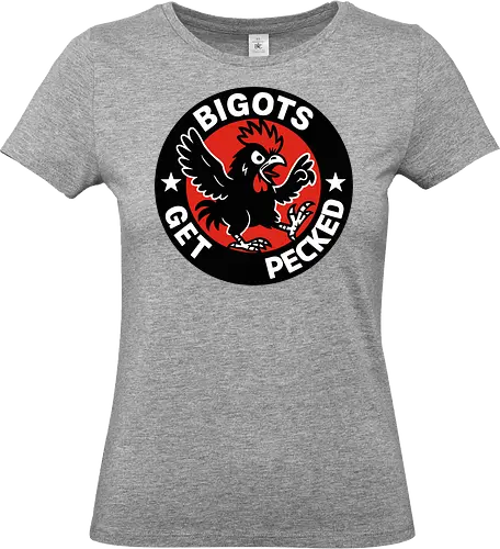 BIGOTS GET PECKED - graphic, stars, message, statement, rooster, bold, circular design, red background, text, anti-bigotry - Standard T-Shirt (Frauen)