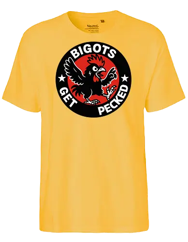 BIGOTS GET PECKED - graphic, stars, message, statement, rooster, bold, circular design, red background, text, anti-bigotry - Fairtrade T-Shirt