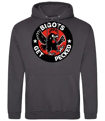 BIGOTS GET PECKED - graphic, stars, message, statement, rooster, bold, circular design, red background, text, anti-bigotry - Standard Hoodie