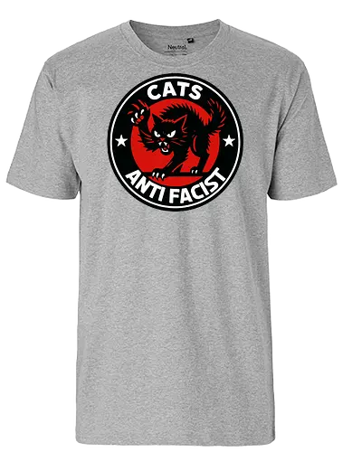 Cats Anti Facist - cat, anti-fascist, graphic, emblem, protest, bold, black, red, stars, power - Fairtrade T-Shirt