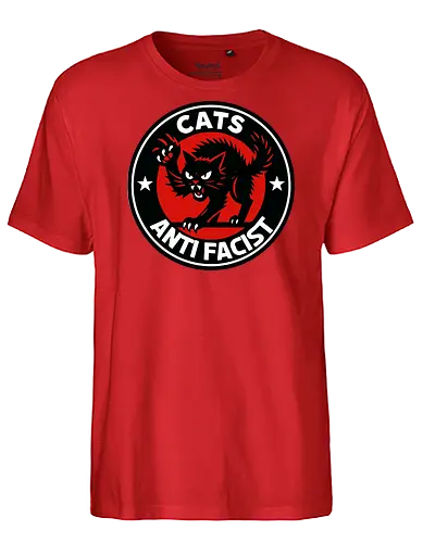 Cats Anti Facist - cat, anti-fascist, graphic, emblem, protest, bold, black, red, stars, power - Fairtrade T-Shirt