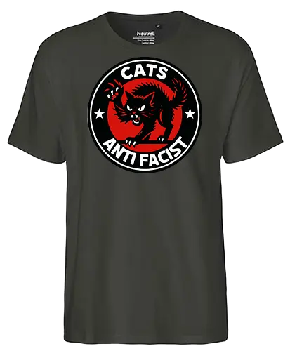 Cats Anti Facist - cat, anti-fascist, graphic, emblem, protest, bold, black, red, stars, power - Fairtrade T-Shirt