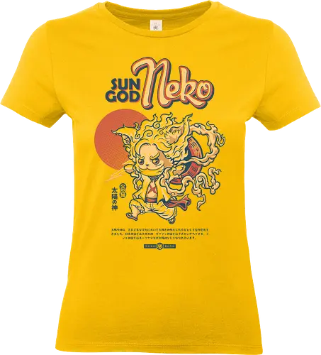Sun God Neko on White 2 - sun god, pirate, mugiwara, sun god nika, straw hat pirates, kawaii, cat, kitty, meow, kitten, anime parody, chibi cat, anime joke, mash up, gear 5, pirates, manga, meme, funny, vintage, retro design, streetwear, otaku, weeb - Standard T-Shirt (Frauen)