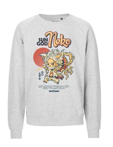 Sun God Neko on White 2 - sun god, pirate, mugiwara, sun god nika, straw hat pirates, kawaii, cat, kitty, meow, kitten, anime parody, chibi cat, anime joke, mash up, gear 5, pirates, manga, meme, funny, vintage, retro design, streetwear, otaku, weeb - Fairtrade Sweatshirt