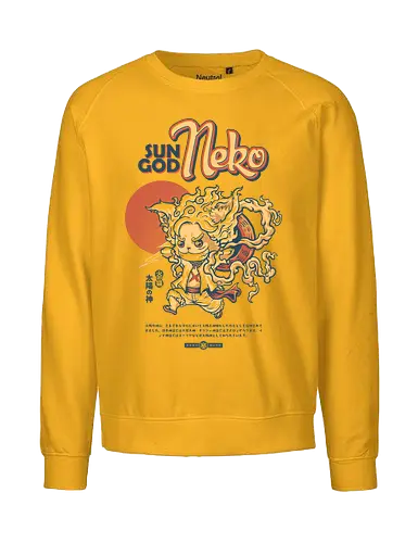 Sun God Neko on White 2 - sun god, pirate, mugiwara, sun god nika, straw hat pirates, kawaii, cat, kitty, meow, kitten, anime parody, chibi cat, anime joke, mash up, gear 5, pirates, manga, meme, funny, vintage, retro design, streetwear, otaku, weeb - Fairtrade Sweatshirt