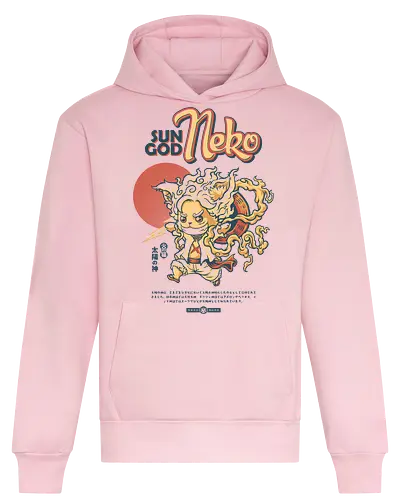 Sun God Neko on White 2 - sun god, pirate, mugiwara, sun god nika, straw hat pirates, kawaii, cat, kitty, meow, kitten, anime parody, chibi cat, anime joke, mash up, gear 5, pirates, manga, meme, funny, vintage, retro design, streetwear, otaku, weeb - Heavyweight Hoodie