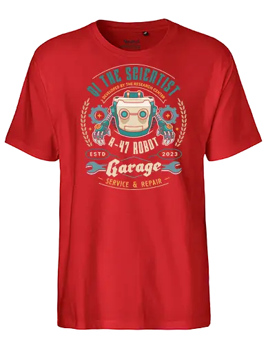 Qi R 47 Garage Emblem - my time at sandrock, my time at portia, my time at evershine, indie game, gaming, gamer, video games, fang, farming simulator, rpg, adventure, harvest, sand, wild yakmel, hazardous ruins - Fairtrade T-Shirt
