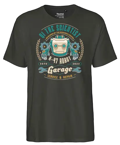 Qi R 47 Garage Emblem - my time at sandrock, my time at portia, my time at evershine, indie game, gaming, gamer, video games, fang, farming simulator, rpg, adventure, harvest, sand, wild yakmel, hazardous ruins - Fairtrade T-Shirt