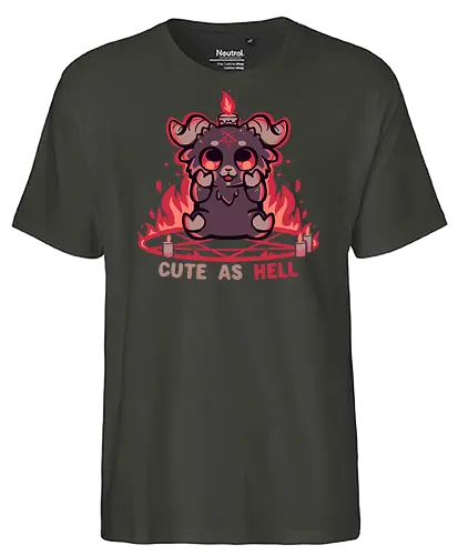 Feeling Cute as Hell - Baphomet, süßer Baphomet, Kawaii Gothic, okkulte Ästhetik, schwarzer Humor, Gothic Chibi, hexenhaft, alternativ, Flammen, Feuer, Pastell Gothic, satanisch aber süß, lustiger Dämon, Ziege, böse Ziege - Fairtrade T-Shirt