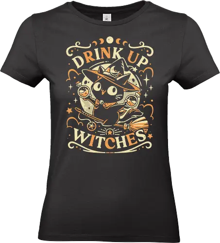 Drink Like a Witch - black cat, drink up witches, halloween, broomstick, cute animals, kawaii, humor, fall season, trick or treat, magic, kitten, occult, spooky, gothic, witchcraft - Standard T-Shirt (Frauen)
