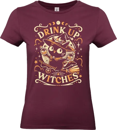Drink Like a Witch - black cat, drink up witches, halloween, broomstick, cute animals, kawaii, humor, fall season, trick or treat, magic, kitten, occult, spooky, gothic, witchcraft - Standard T-Shirt (Frauen)