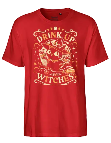 Drink Like a Witch - black cat, drink up witches, halloween, broomstick, cute animals, kawaii, humor, fall season, trick or treat, magic, kitten, occult, spooky, gothic, witchcraft - Fairtrade T-Shirt