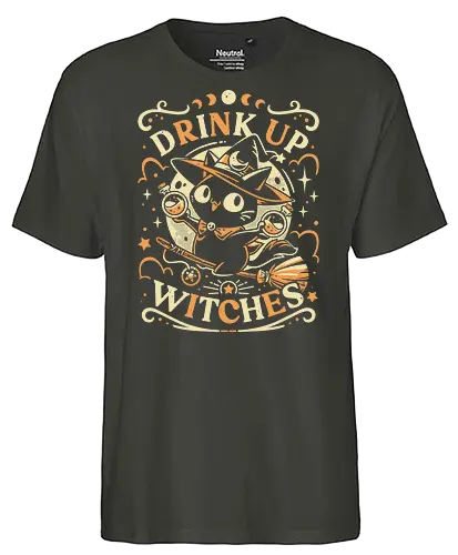 Drink Like a Witch - black cat, drink up witches, halloween, broomstick, cute animals, kawaii, humor, fall season, trick or treat, magic, kitten, occult, spooky, gothic, witchcraft - Fairtrade T-Shirt