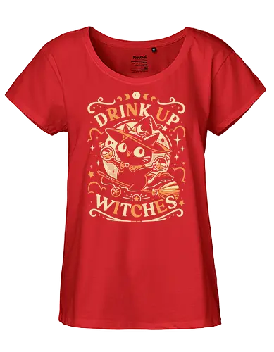 Drink Like a Witch - black cat, drink up witches, halloween, broomstick, cute animals, kawaii, humor, fall season, trick or treat, magic, kitten, occult, spooky, gothic, witchcraft - Fairtrade Girl Shirt