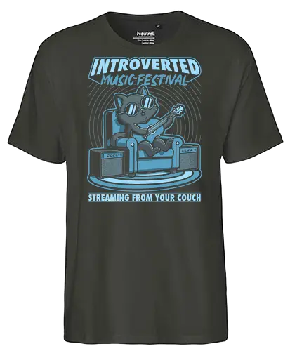 Introverted Music Cat - black cat, pet, festival, couch, comfy, inside the house, music, rock and roll, punk rock, grunge, acoustic, cat - Fairtrade T-Shirt