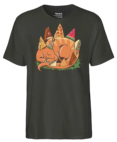 SNACKASAURUS SNOOZE - pizza, dinosaurus, dino, graffiti, tropical, eat, kaiju, japan, american, love, food, reptile, monster, watermelon, tacos, chocolate, birthday, cheese, cake, sandwich, waffle - Fairtrade T-Shirt