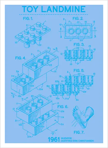 Toy Trap Blueprint - Lego, legos, funny, bricks, lego blueprint, blueprint, inventor, toys on floor, dad, fathers day, humour, toy mat, box of toys, foot, standing on toys - Kunstdruck